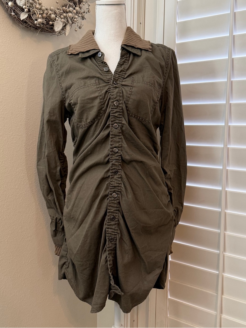 Free PeopleOlive Green Long-Sleeve Shirt Dress